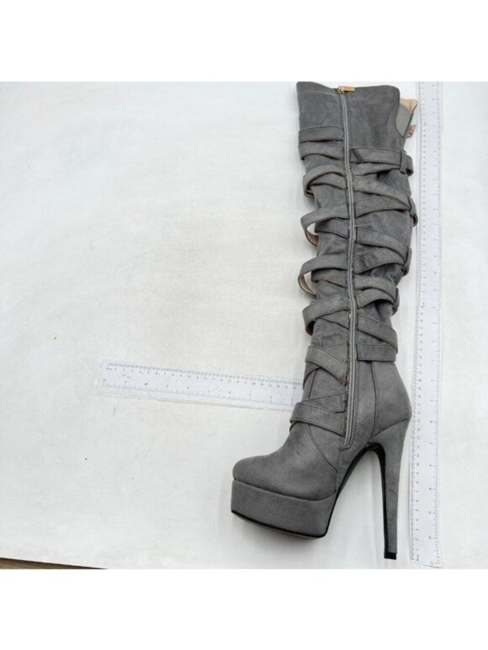 Women Knee High Boots Lace Up Knee Length Boots Punk Grey Stiletto Platforms